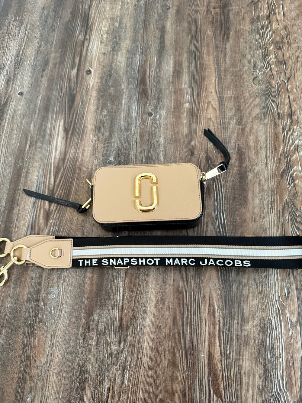 Marc Jacobs Beige Snapshot Camera Crossbody with Black Branded Strap